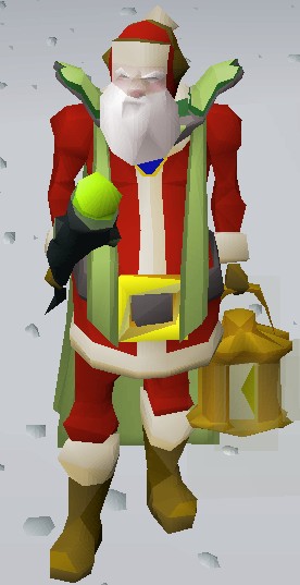 Character wearing warm gear setup for Wintertodt, including Fire Cape and Santa outfit, holding a bronze axe and tinderbox.