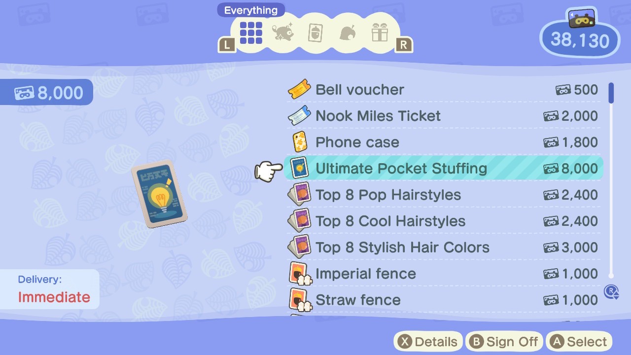 Showing the last inventory upgrade in Animal Crossing New Horizons