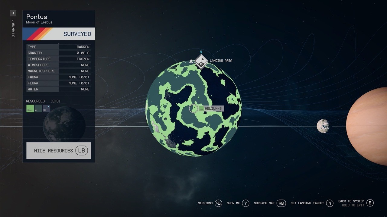 Scanning a planet in Starfield for outpost resources like Helium-3, Aluminum, and Iron. Ideal planet candidates for Starfield outposts should have these resources.