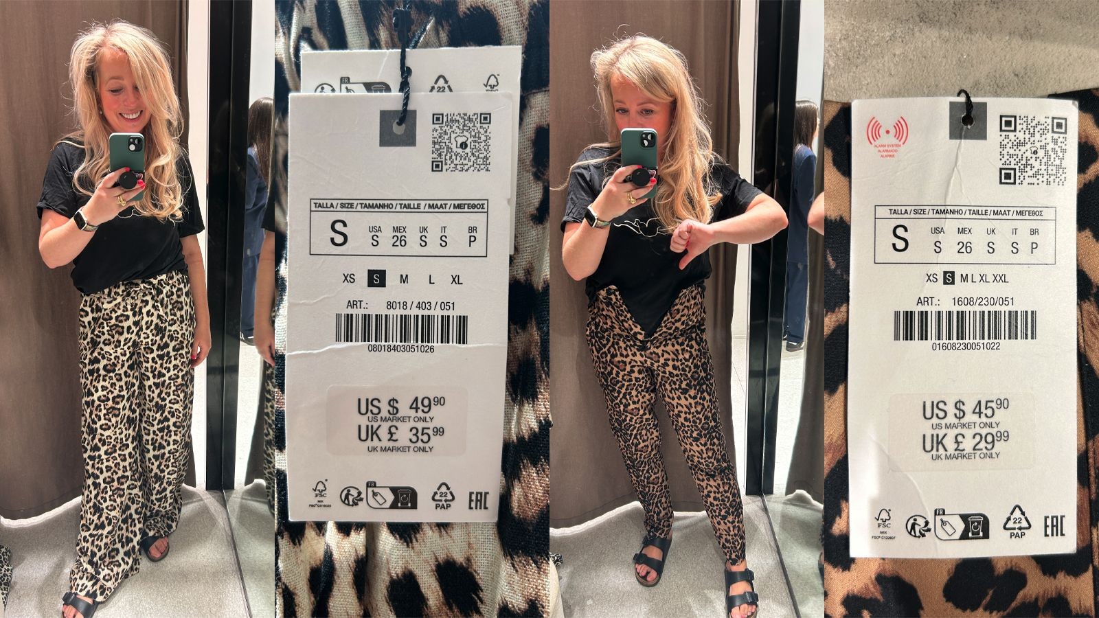 Antonia Kraskowski tries on two pairs of Zara leopard print trousers