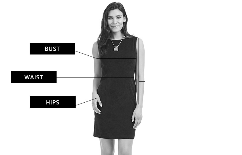 A detailed illustration of a woman with measurement labels indicating bust, waist, and hips, crucial for determining dress size.