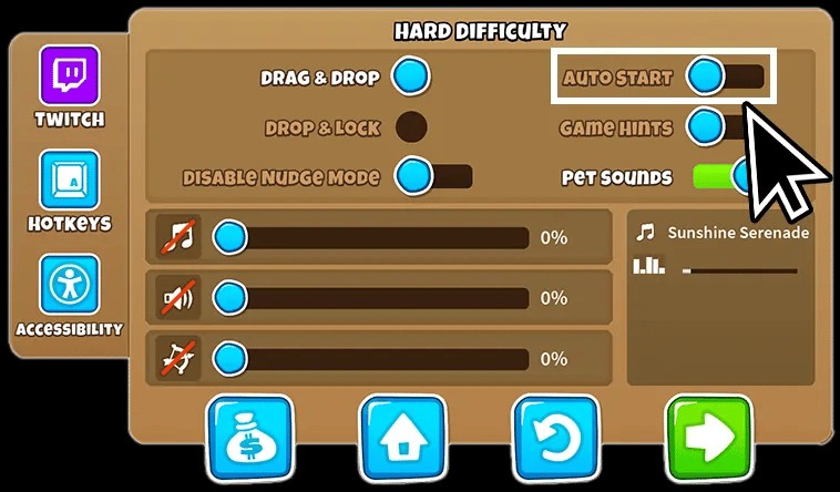 BTD6 settings menu showing the Auto Start option toggled off. This setting is crucial for following the guide accurately as it allows players to manually start each round after making the necessary tower placements and upgrades.