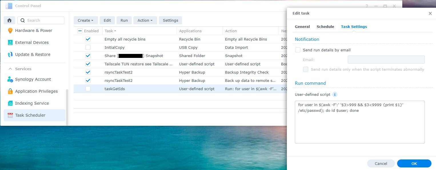 Synology Task Scheduler for User ID Command