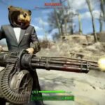 Fallout 4 heavy weapons build guide gameplay. Character wielding a powerful minigun against enemies in the wasteland, demonstrating the effectiveness of a heavy gunner build.