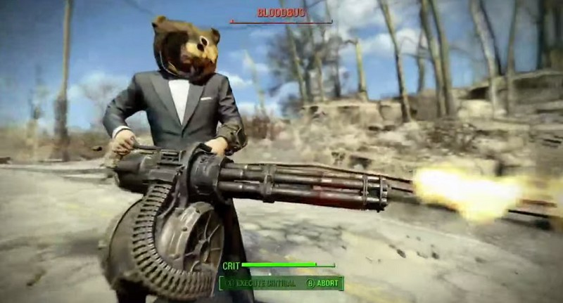 Fallout 4 heavy weapons build guide gameplay. Character wielding a powerful minigun against enemies in the wasteland, demonstrating the effectiveness of a heavy gunner build.