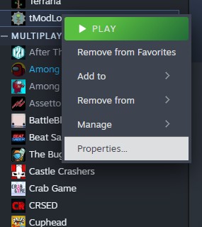 Access tModLoader Properties in Steam Library for configuration adjustments