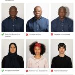 Adult passport photo guidance showing acceptable and unacceptable photos