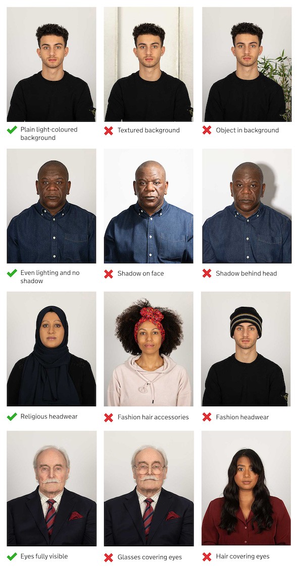 Adult passport photo guidance showing acceptable and unacceptable photos