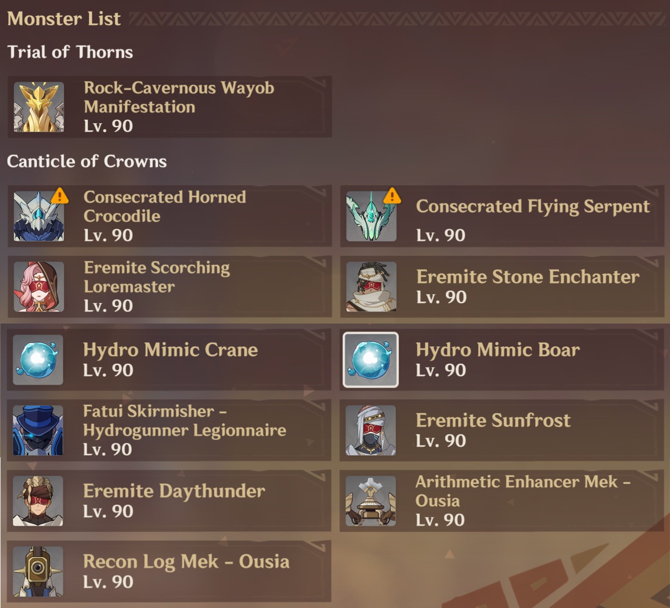 Enemies List for Trial of the Wayob Stage in Of Thorns and Crowns Genshin Event