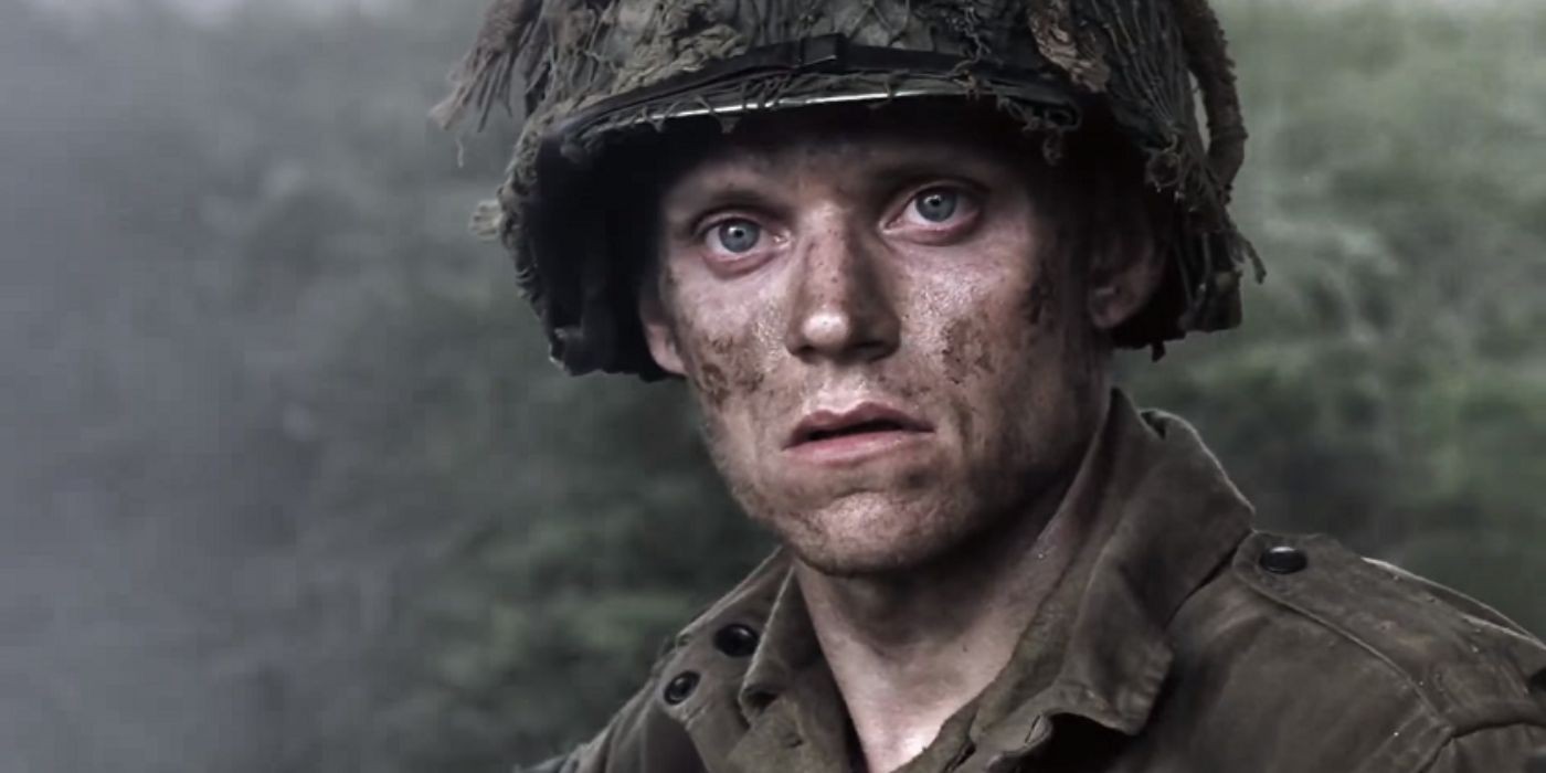 Pvt Blithe (Marc Warren) staring blank eyed into camera in Band of Brothers 