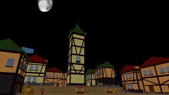 A nighttime scene at the level 30 zone in Blox Fruits, showcasing the Pirate Camp.