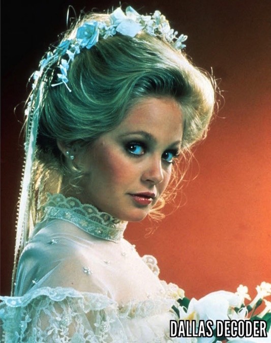 Charlene Tilton as Lucy Ewing in a promotional image for the Dallas episode guide, highlighting a beloved character from the long-running TV drama series.