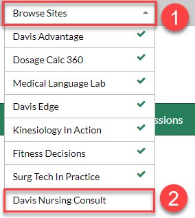 Access Davis Nursing Consult from the Browse Sites dropdown menu