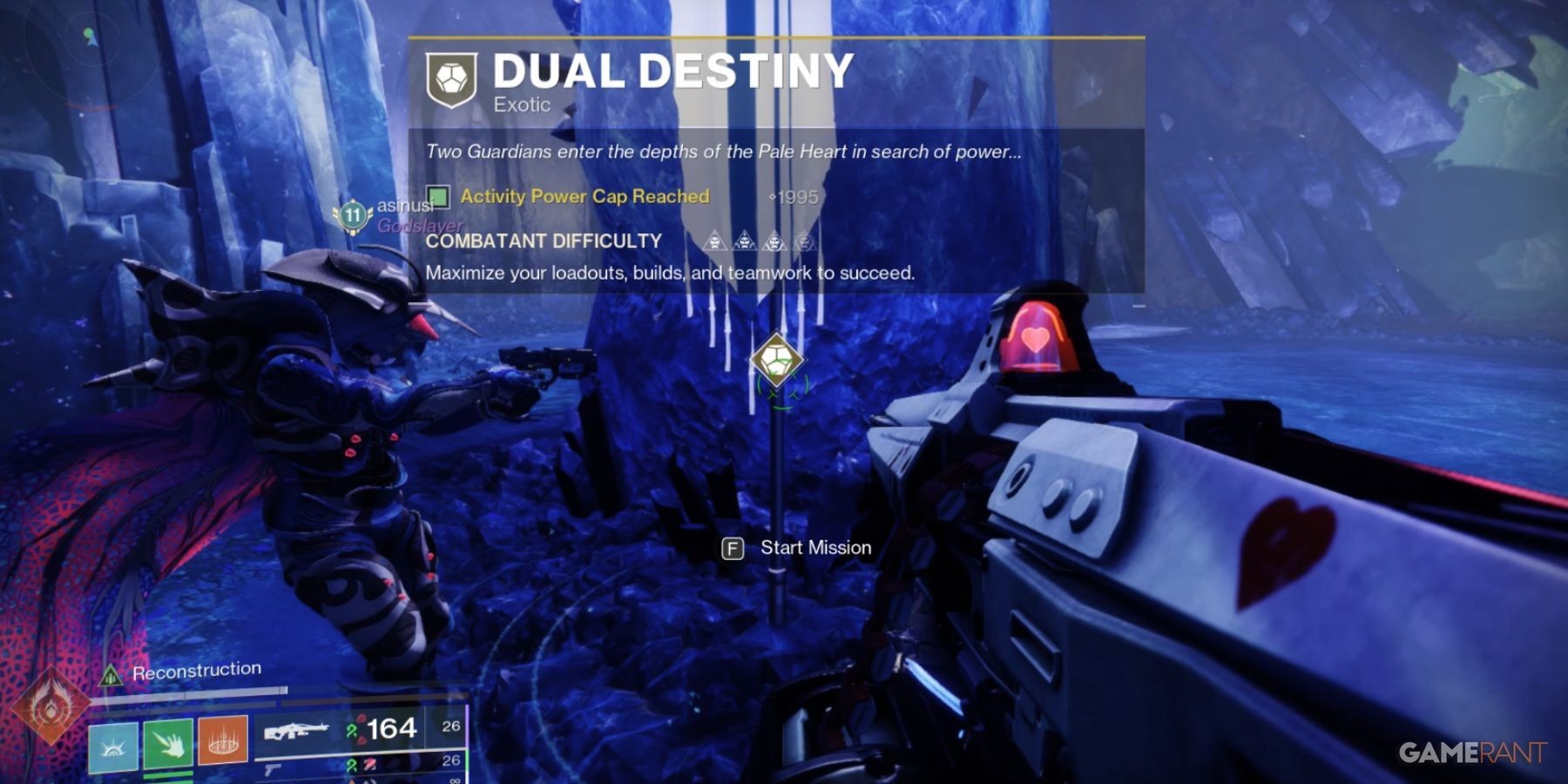 The launch flag for the Dual Destiny Exotic mission appearing next to Savathun's statue in Destiny 2, ready for players to initiate the mission.