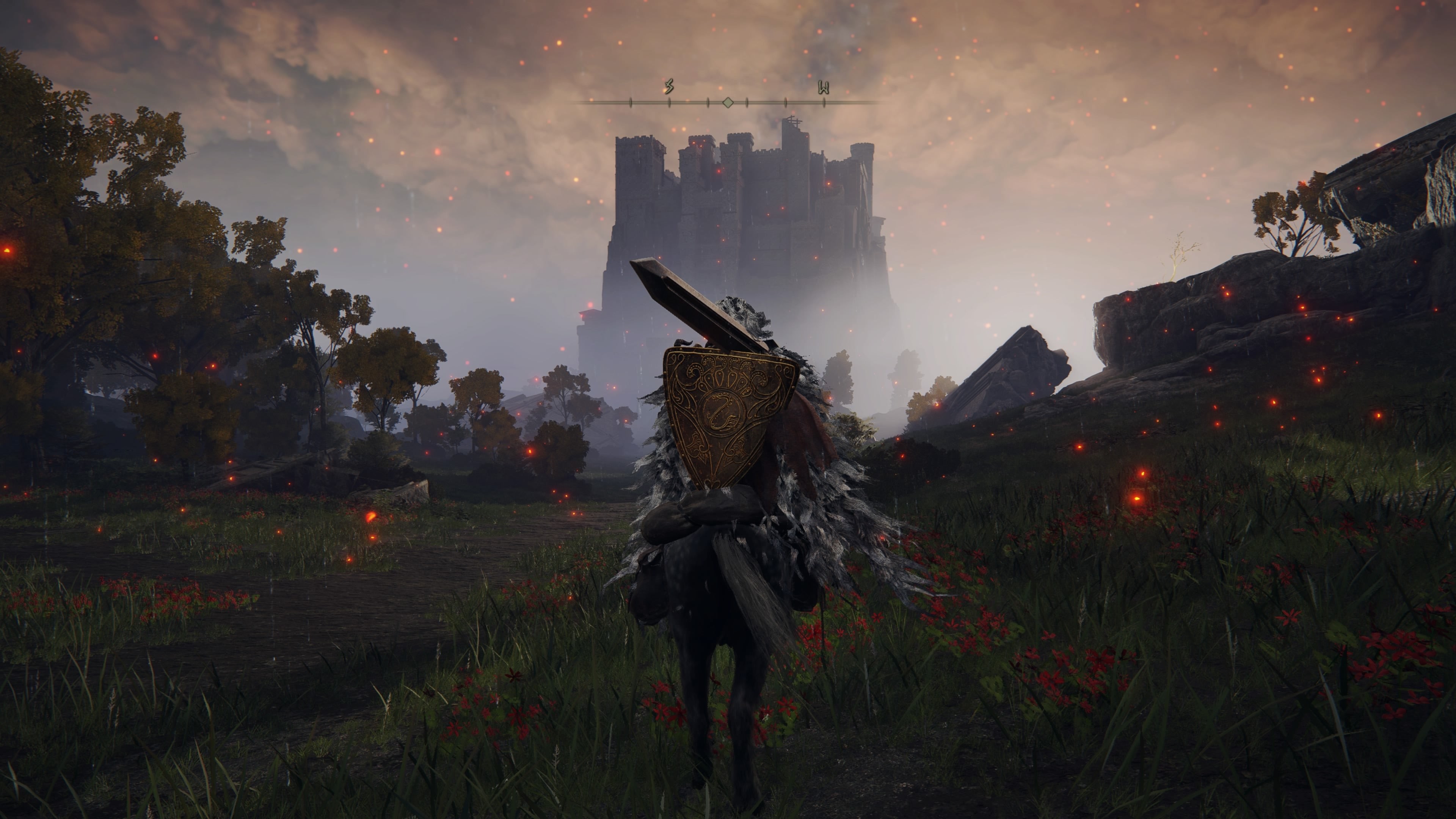 The player character approaches Castle Morne while mounted on Torrent in Elden Ring