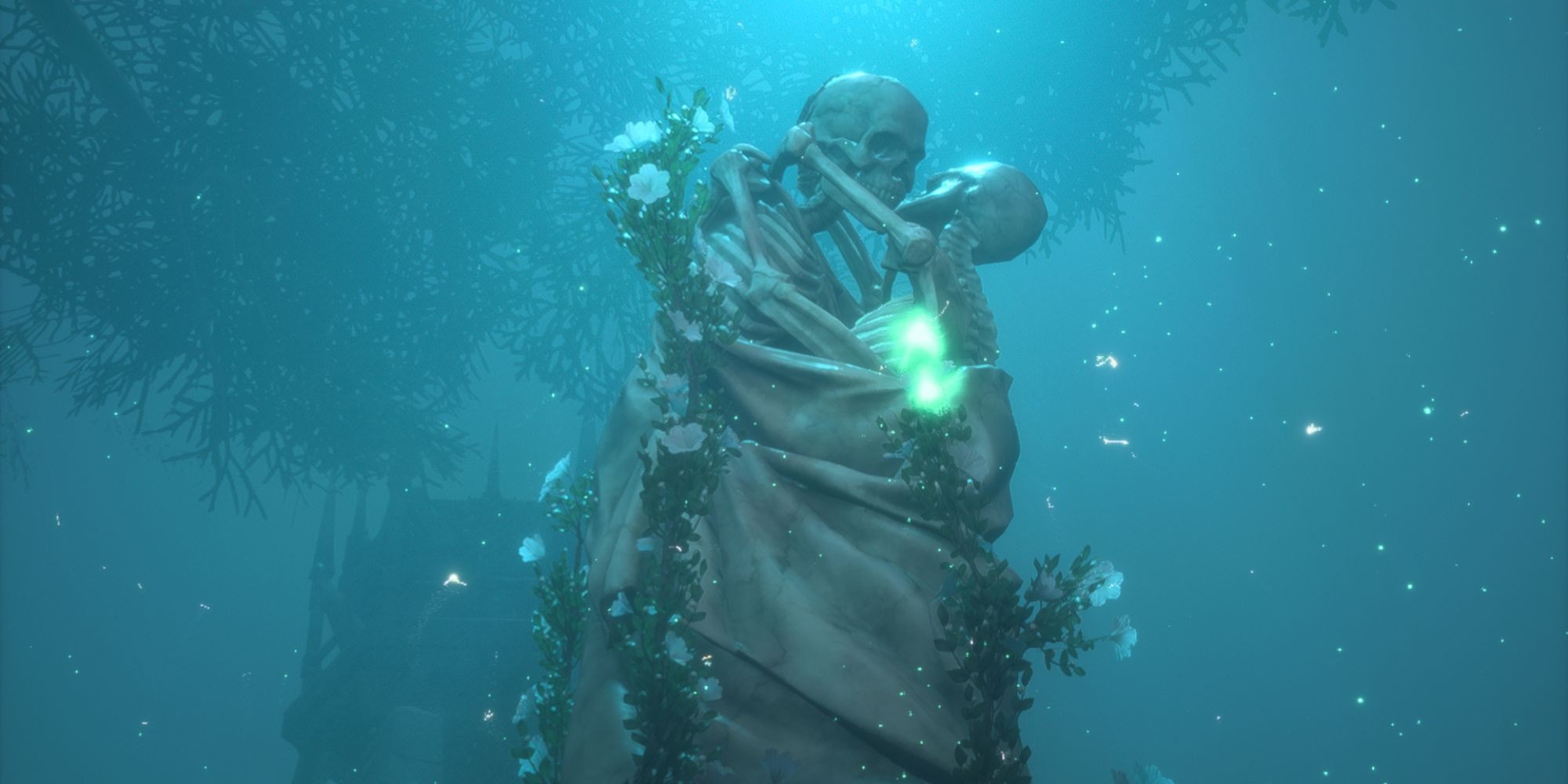 Emmrich romance scene in Dragon Age: The Veilguard showing two skeleton statues embracing a kiss