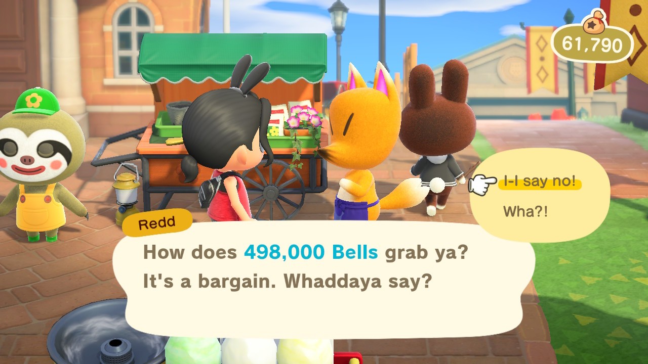 Jolly Redd is trying to sell fake art to a villager in Animal Crossing