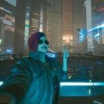 Female V making a peace sign selfie in Cyberpunk 2077, indicating a moment of pause before the end.