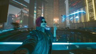 Female V making a peace sign selfie in Cyberpunk 2077, indicating a moment of pause before the end.