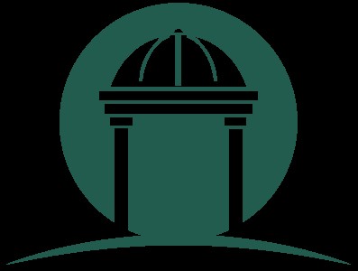 Green silhouette of a domed building with four pillars, set against a circular background.