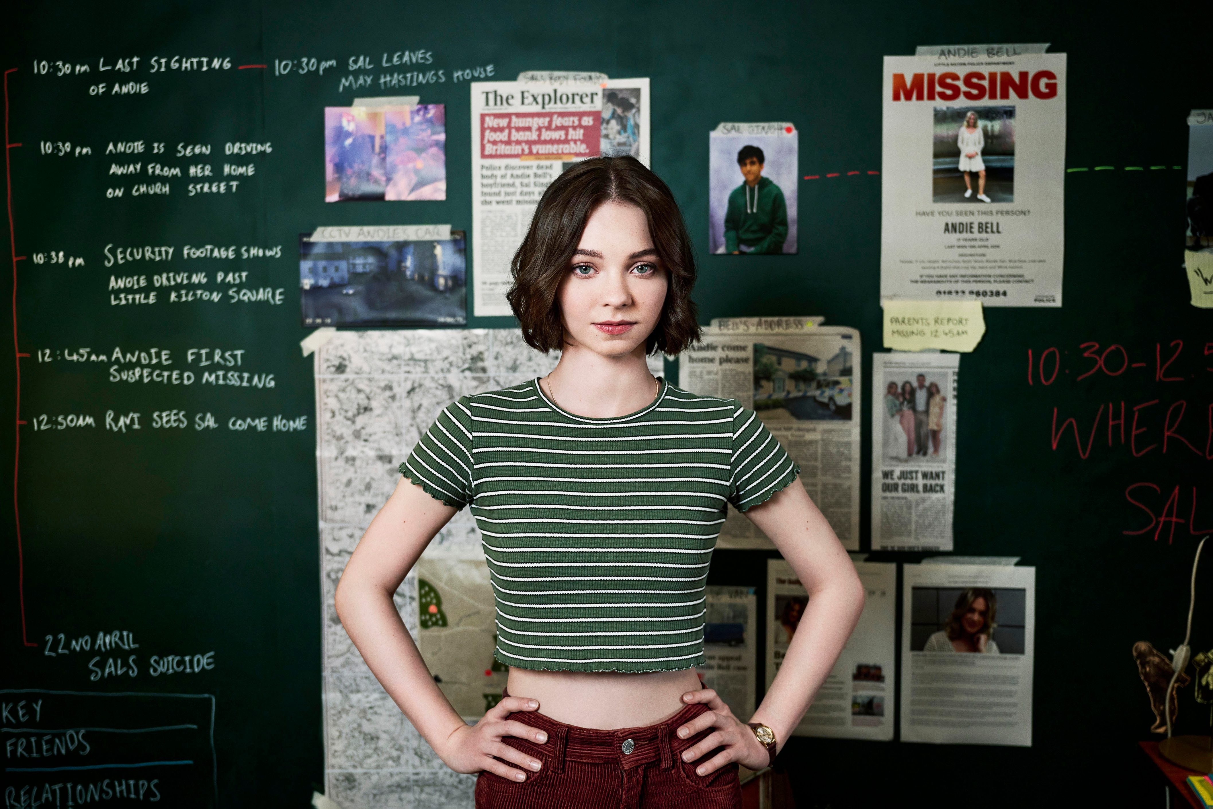 Pip standing with her hands on her hips in front of an evidence board