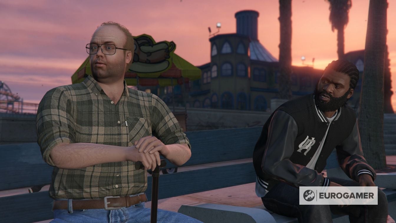 GTA 5 characters Franklin and Lester discussing plans on a bench