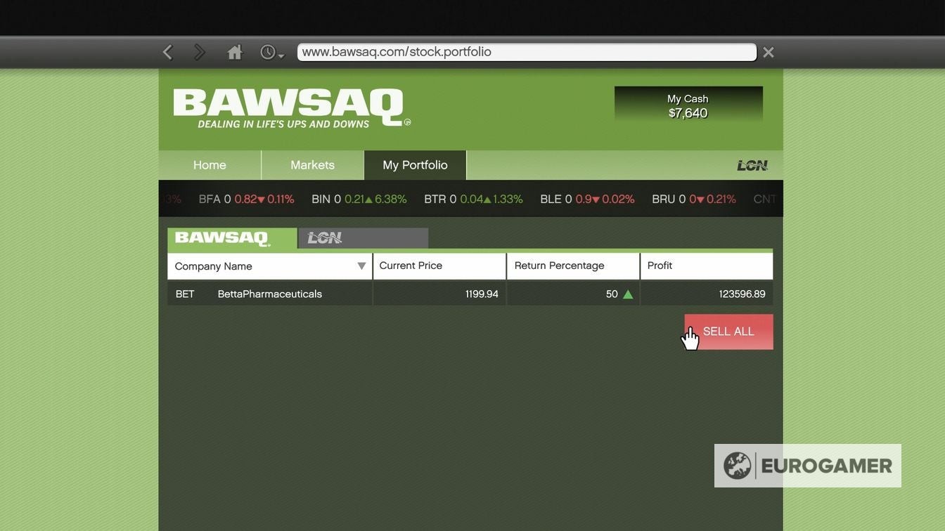 GTA 5 BAWSAQ stock market interface showing portfolio returns