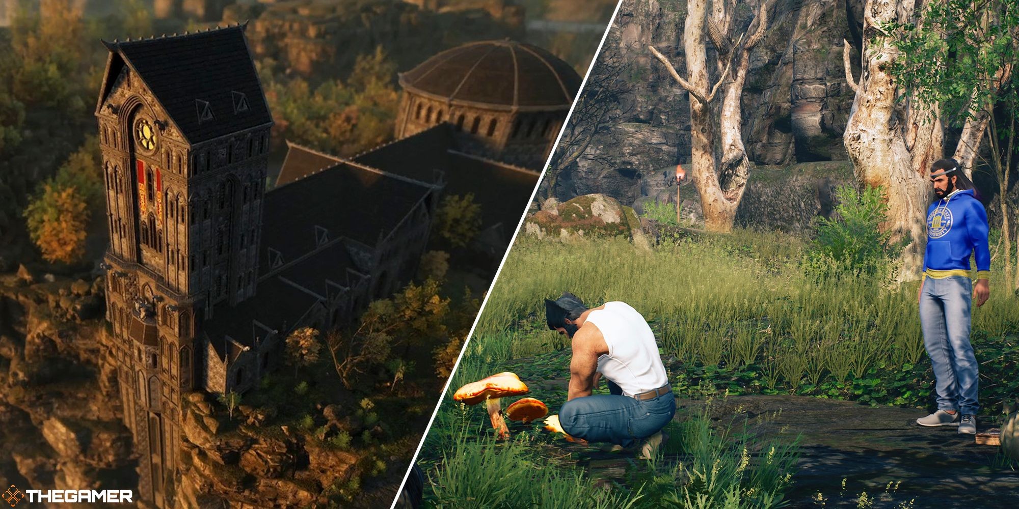 split image depicting an arial view of the abbey at dusk and wolverine and the hunter foraging for mushrooms in Marvel's Midnight Suns