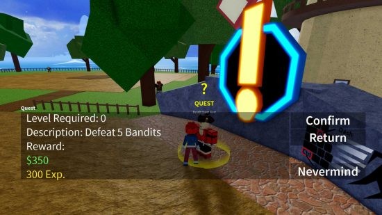 Blox Fruits beginners guide: an exclamation point marks the location of the next quest