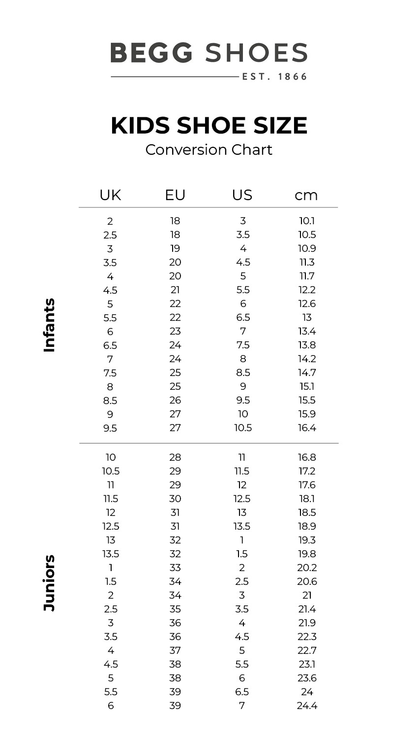 Portrait layout of kids shoe size conversion chart.