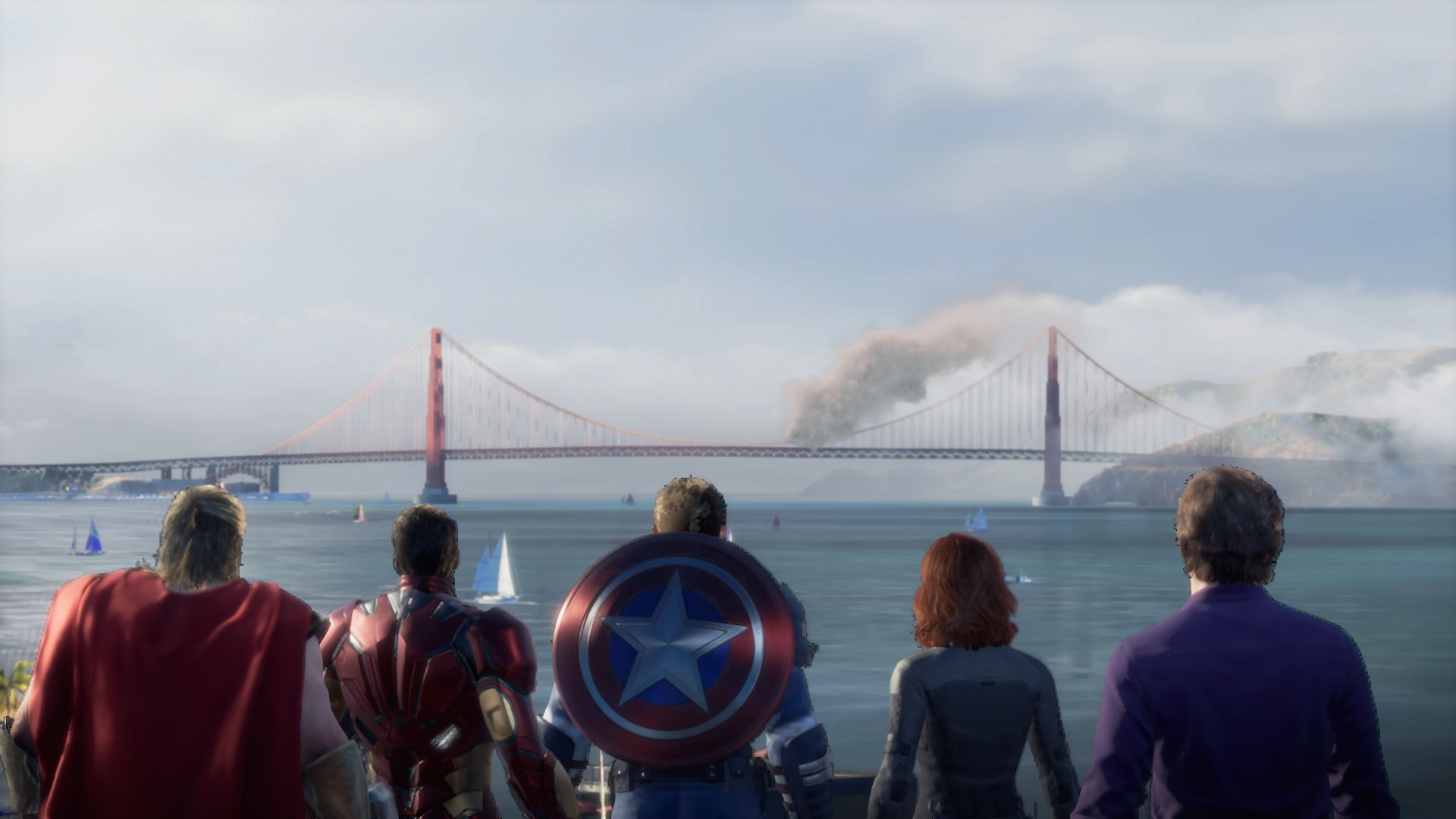 Marvels Avengers gameplay showing Iron Man, Black Widow, Captain America, Hulk, and Thor in action