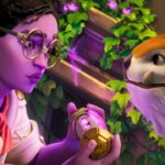 Girl with purple skin and glasses holding a glowing cylinder in front of an alien creature with tusks in Palia