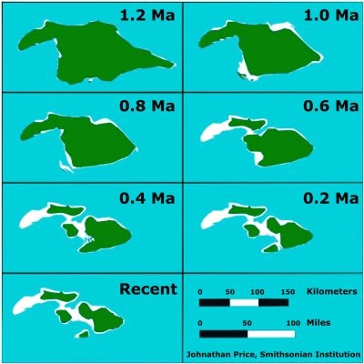 Map of Maui Nui showing the landmass of ancient Maui encompassing present-day islands, illustrating geological history for a travel guide.