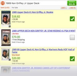 Screenshot of Mavin.io search results showing checkboxes used to select comparable baseball cards for a more accurate value estimate.