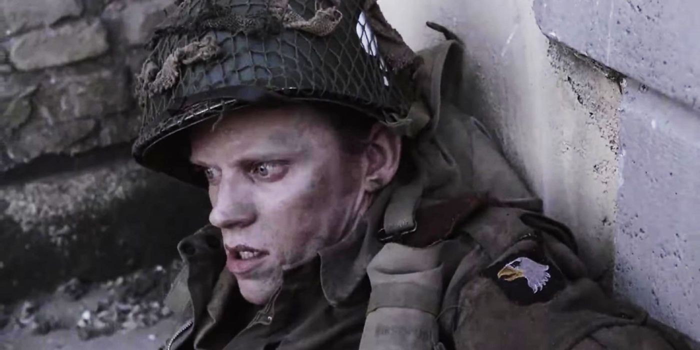 Private Blithe (Marc Warren) lying shocked on the ground in Band of Brothers