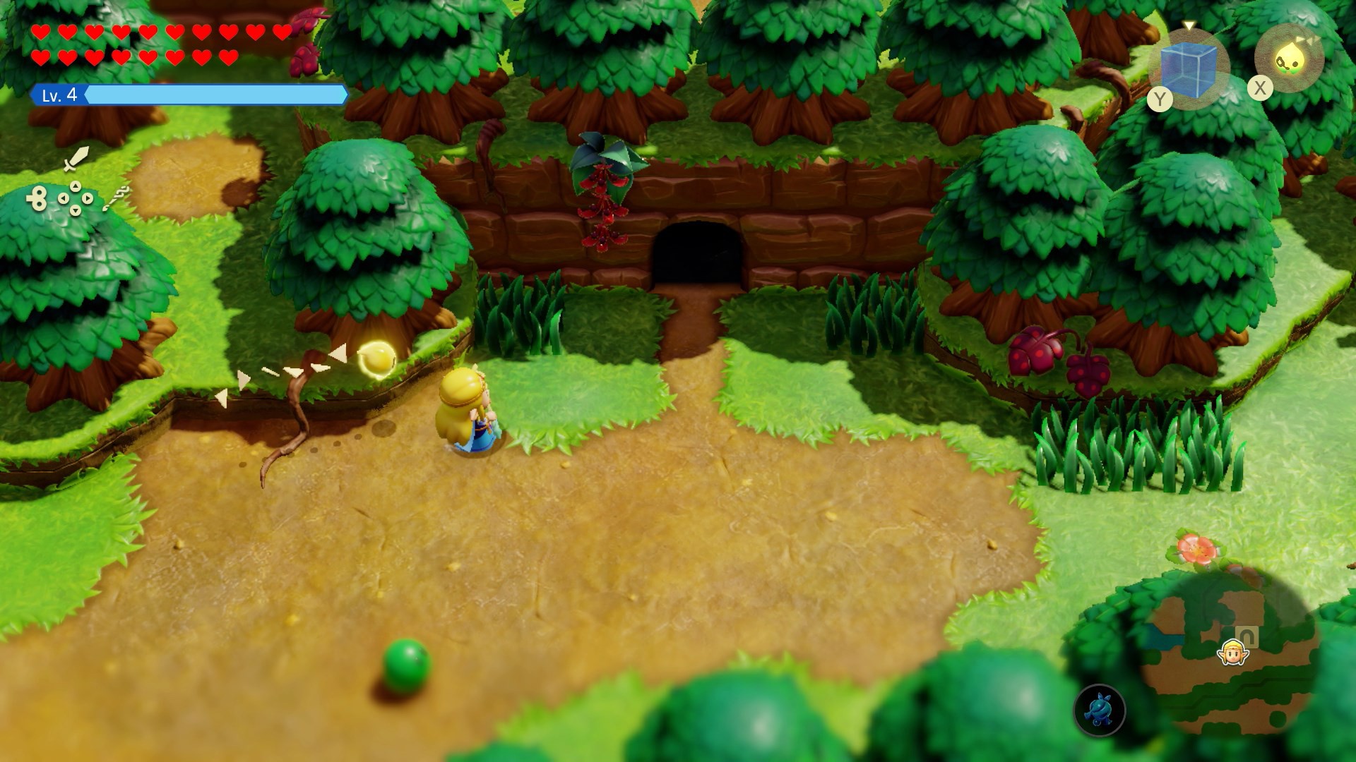 Zelda approaches a mysterious cave entrance in the Suthorn Forest, preparing for her initial trials and discoveries.