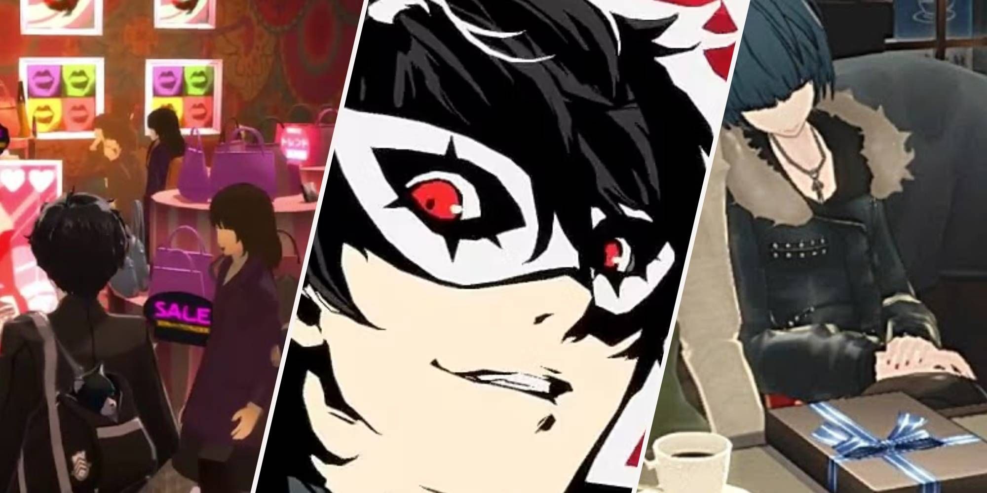 A split image from Persona 5 Royal, showcasing Joker interacting with an NPC in a shop and a close-up of Joker.