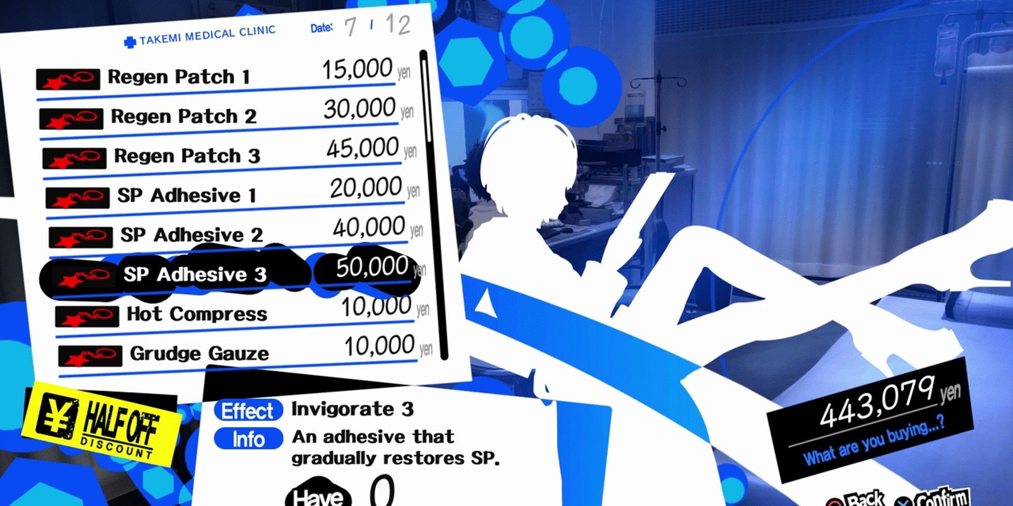 Takemi's clinic purchase menu showcasing various healing and support items in Persona 5 Royal