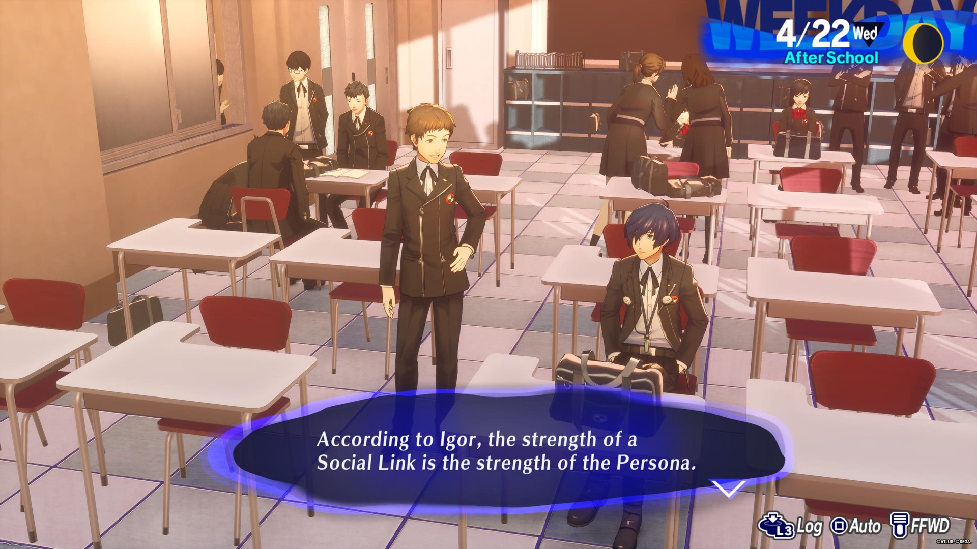 Two students discuss Social Links within the Gekkoukan High School in Persona 3 Reload.