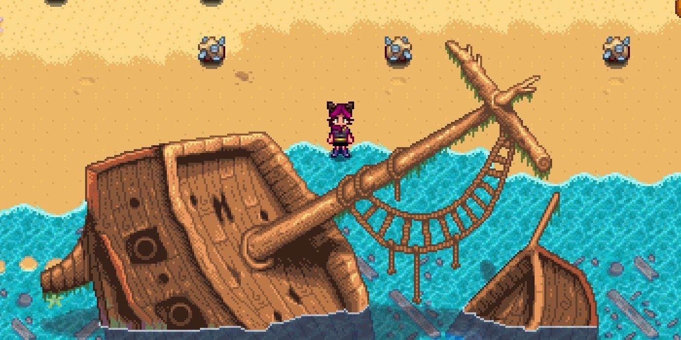 screenshot of the player standing on the beach near a Ship Wreckage in Stardew Valley