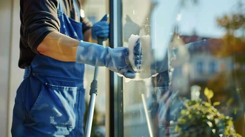 Professional cleaning service worker cleans the windows