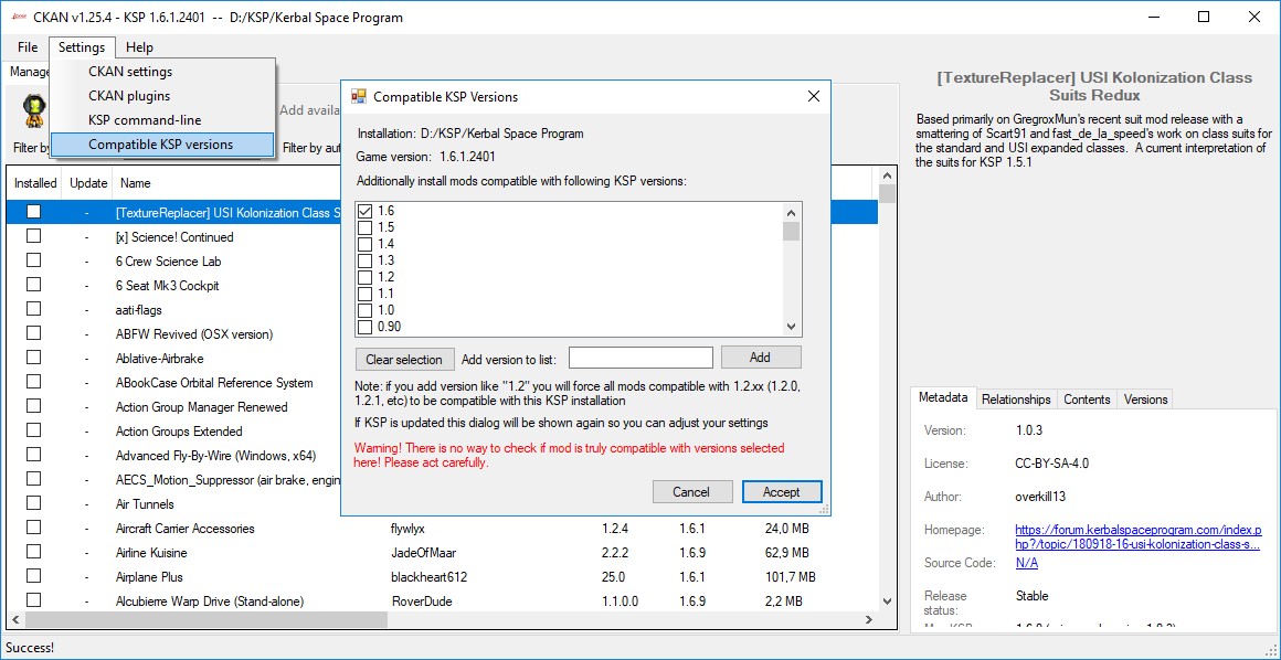 CKAN Compatible KSP Versions Settings