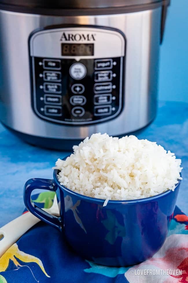 cup of rice with an aroma rice cooker in the background