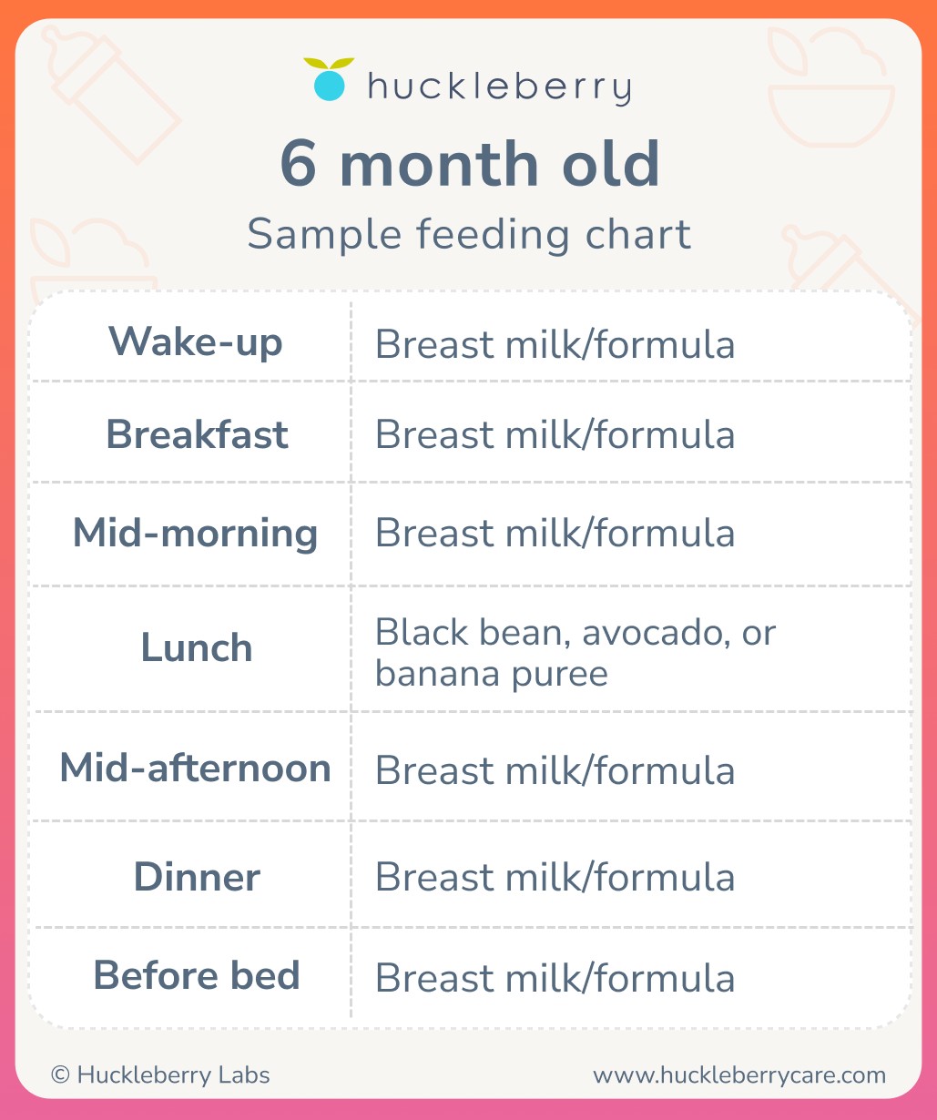 Sample bottle feeding schedule for a 6-month-old infant