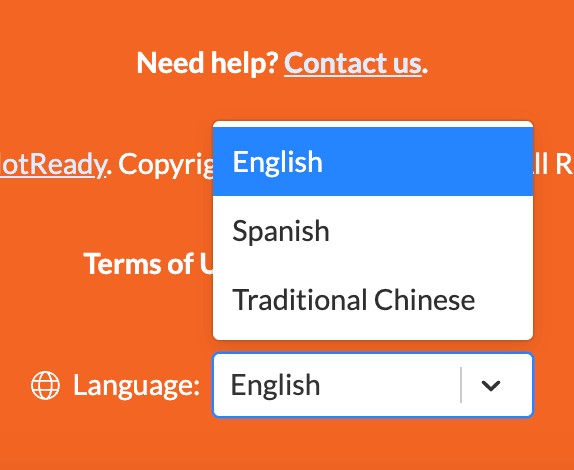 Language selection dropdown menu in the progressive voter guide 2024 widget, showing options for English, Spanish, and Chinese languages, emphasizing multilingual access for voters.