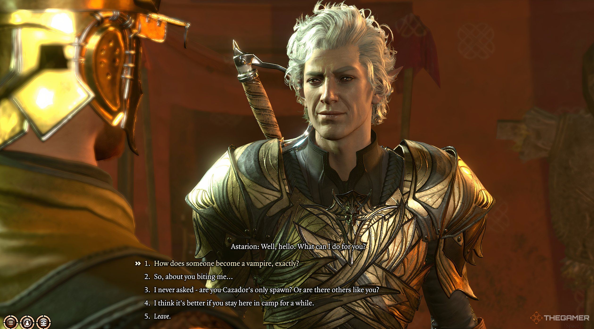 Astarion engaging in dialogue with the player character Tav in Baldur's Gate 3, demonstrating the importance of character choice for skills like pickpocketing.