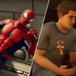 Split image of spider man wielding a microphone and reading with the hunter during a hangout