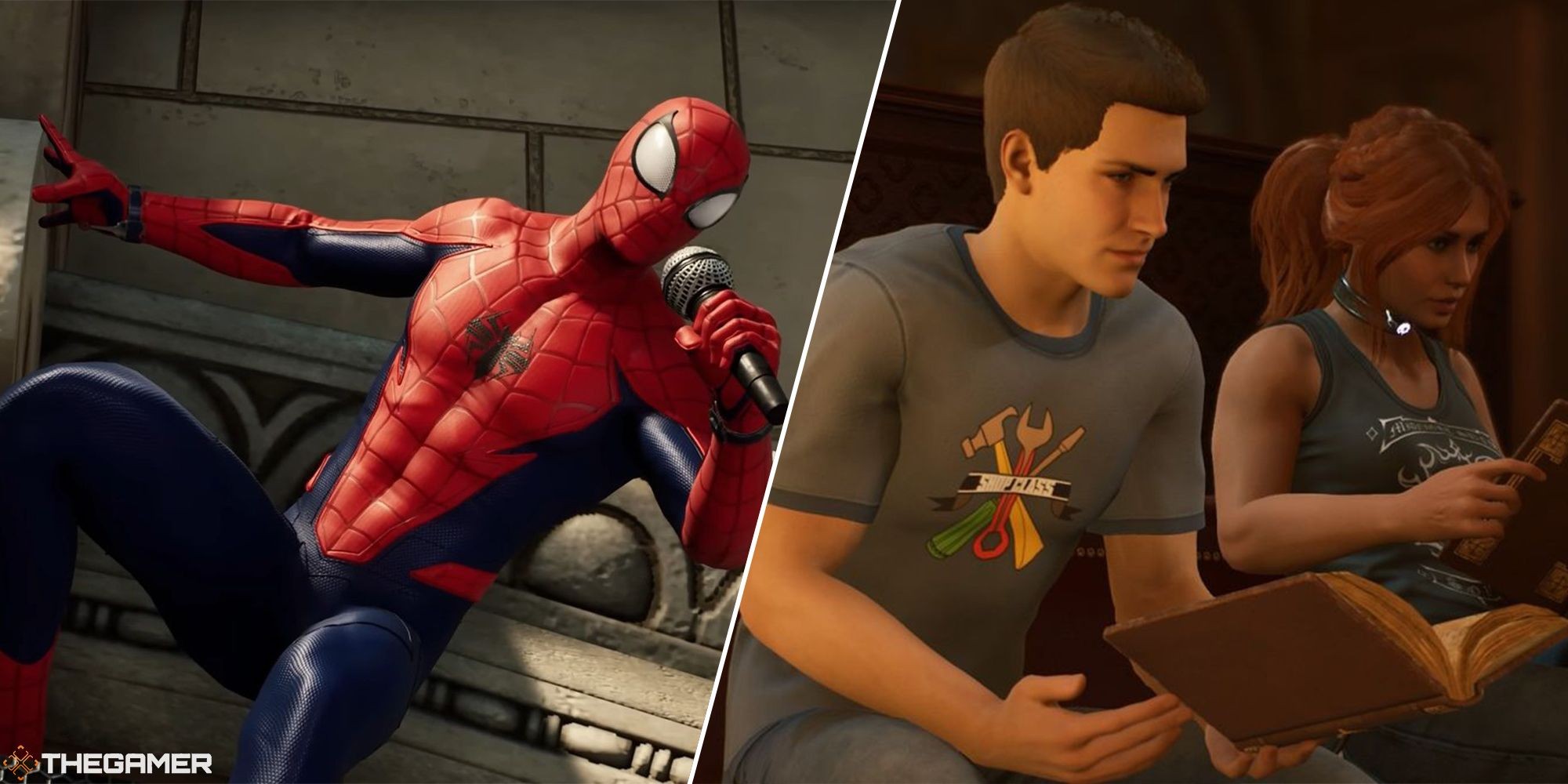 Split image of spider man wielding a microphone and reading with the hunter during a hangout