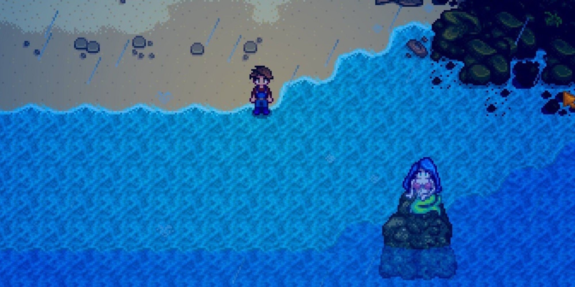 player standing near beach with ginger island mermaid in Stardew Valley