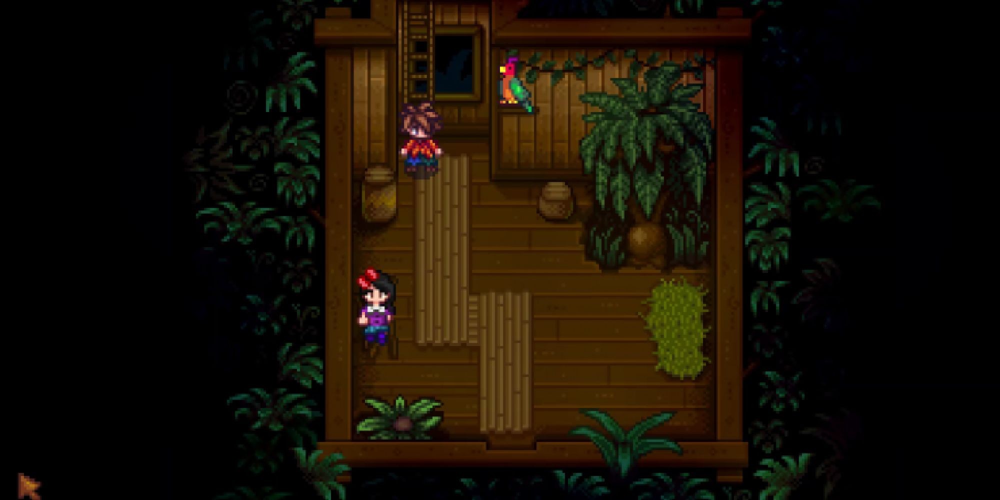 stardew valley inside leos hut next to leo and parrot